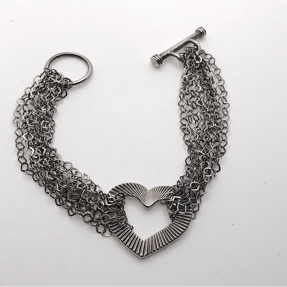 Vtg Sterling Silver Multi Strand Textured Heart Toggle Clasp Bracelet 7.5” - Picture 3 of 6